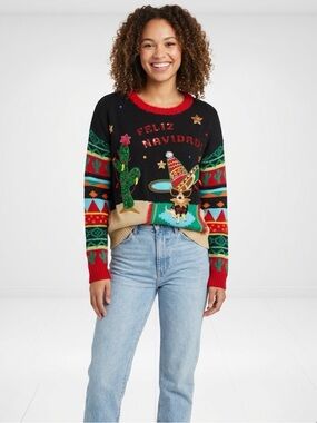 33 Degrees Feliz Navidad Ugly Christmas Sweater Chihuahua Sombrero Cactus